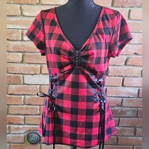 Red and Black Plaid Top with Lace-Up Sides